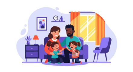 A cheerful family of four, including parents and two young daughters, is sitting together on a sofa in their living room, enjoying quality time.