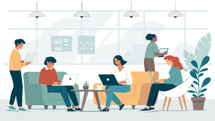 Diverse professionals collaborate and work on laptops and tablets in a vibrant, modern co-working office space, fostering productivity and innovation.