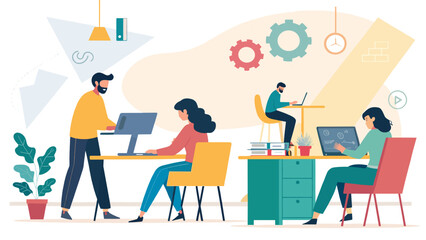A vibrant illustration showcasing a contemporary open-plan office where diverse professionals are actively engaged in collaborative work and digital tasks, fostering productivity.