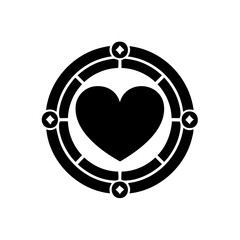 Black heart emblem inside decorative circle with diamonds, vector illustration.