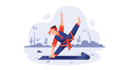 An illustration of a person in a red and blue outfit performing a balanced yoga pose on a mat outdoors, symbolizing health and wellness.