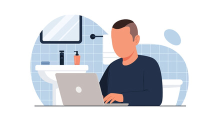 A faceless man works diligently on his laptop in a modern bathroom, highlighting the blurred lines between personal and professional life in a remote work era.