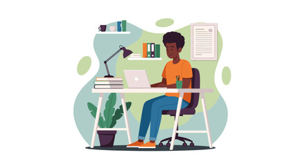 A focused young man with dark skin diligently works on his laptop at a modern home office desk, surrounded by books and plants, illustrating remote productivity.