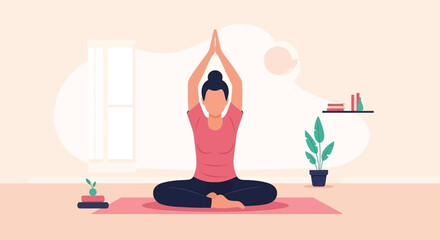 A woman practices yoga in a serene room, sitting in a lotus pose with hands clasped overhead, promoting wellness and mindfulness.