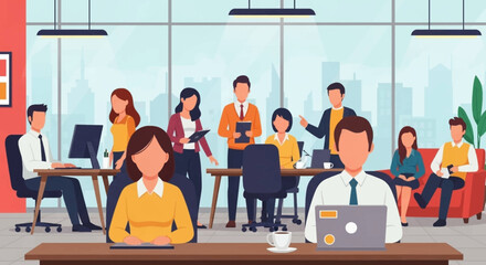 A diverse group of business professionals collaborates and works diligently within a modern, open-plan office environment, depicted in a vibrant flat illustration style.