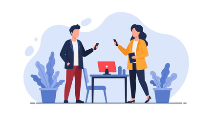 Two business colleagues, a man and a woman, are standing in an office, looking at their smartphones, with a desk and computer in the background, in a flat vector style.