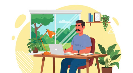 A dedicated man with a mustache efficiently works on his laptop from a cozy home office, enjoying a peaceful environment with natural light and vibrant indoor plants.