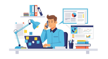 A productive young man efficiently works from his modern home office, multitasking on a laptop and phone, surrounded by essential business tools.