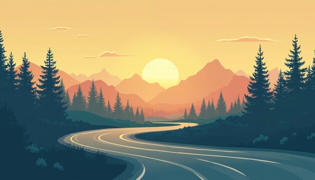 Minimalist landscape illustration with curving roadway through pine trees. Golden hour light in retro style evokes journey, travel concept. Calm, peaceful atmosphere of nature, mountains, highway, - Powered by Adobe