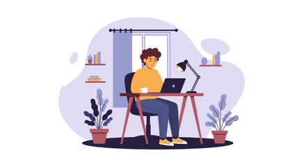 A young man works diligently on his laptop at a desk in a cozy home office, surrounded by plants and natural light.