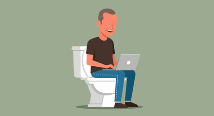 A cartoon man sits on a toilet, working on a laptop, showcasing the modern concept of remote work and the blurring lines between personal and professional life.