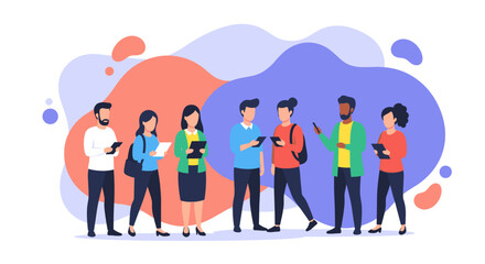 Diverse young people actively engage with digital tablets and smartphones, illustrating modern communication, social networking, and technological integration.