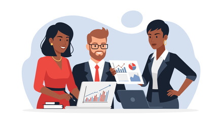 Professional diverse team members collaborate on data analysis, reviewing financial reports and charts during a productive business meeting.