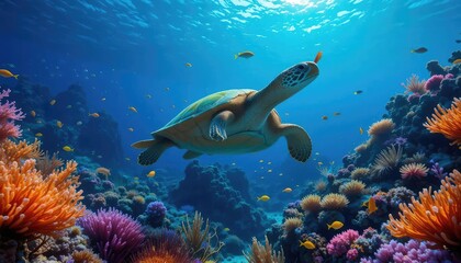 Fototapeta premium Green sea turtle gracefully glides through a vibrant blue tropical ocean reef, showcasing the beauty of marine life underwater