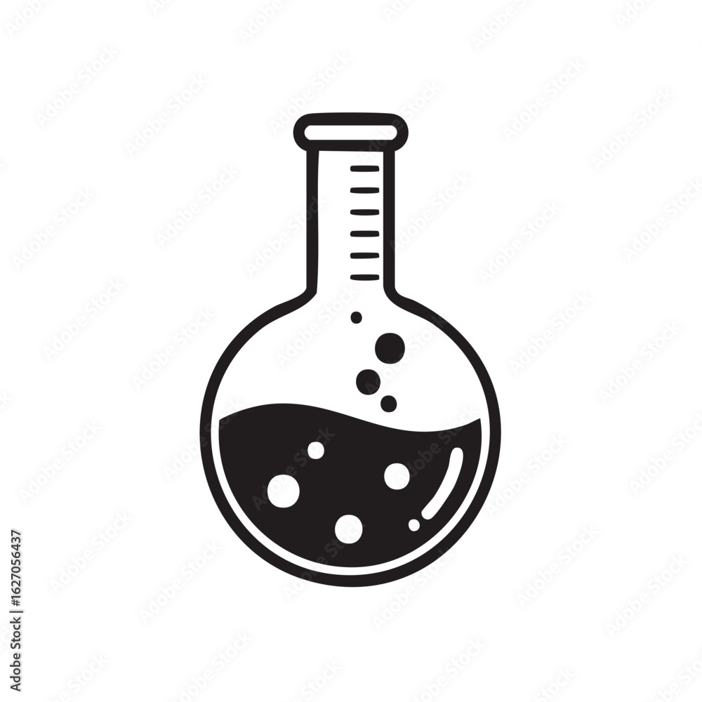 Poster round bottom flask with fluid and bubbles, volumetric flask with scales, simple black and white lab 
