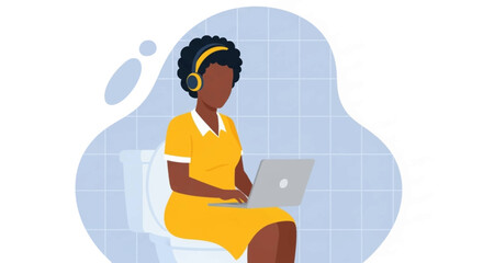 A busy African American woman with headphones diligently works on her laptop while sitting on a toilet, illustrating remote work flexibility.