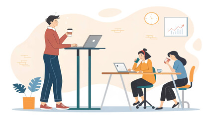 Modern office workers engage in daily tasks, utilizing laptops and standing desks within a collaborative and productive professional environment.