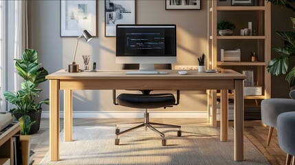 a light wood office desk in the middle of a home office space