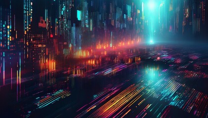 matrix like code descending over a broken screen with flickering digital noise and colorful glitch effects