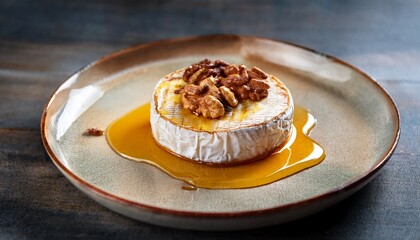 gourmet baked camembert cheese delightful shot of baked camembert cheese garnished with a drizzle of honey and walnuts resting on a decorative plate capturing food photography excellence