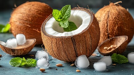 Icy Tropical Refreshment: Cracked Coconut with Fresh Mint and Almonds