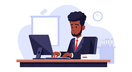 A focused Black businessman diligently works on his computer in a modern office setting, embodying productivity and professional dedication.