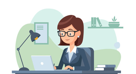 A professional businesswoman with glasses diligently works on her laptop at a modern desk, symbolizing productivity and dedication in a contemporary office.