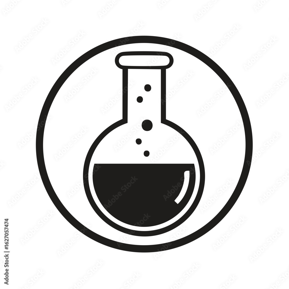 Poster chemistry laboratory flask icon with liquid and bubbles inside a circular frame