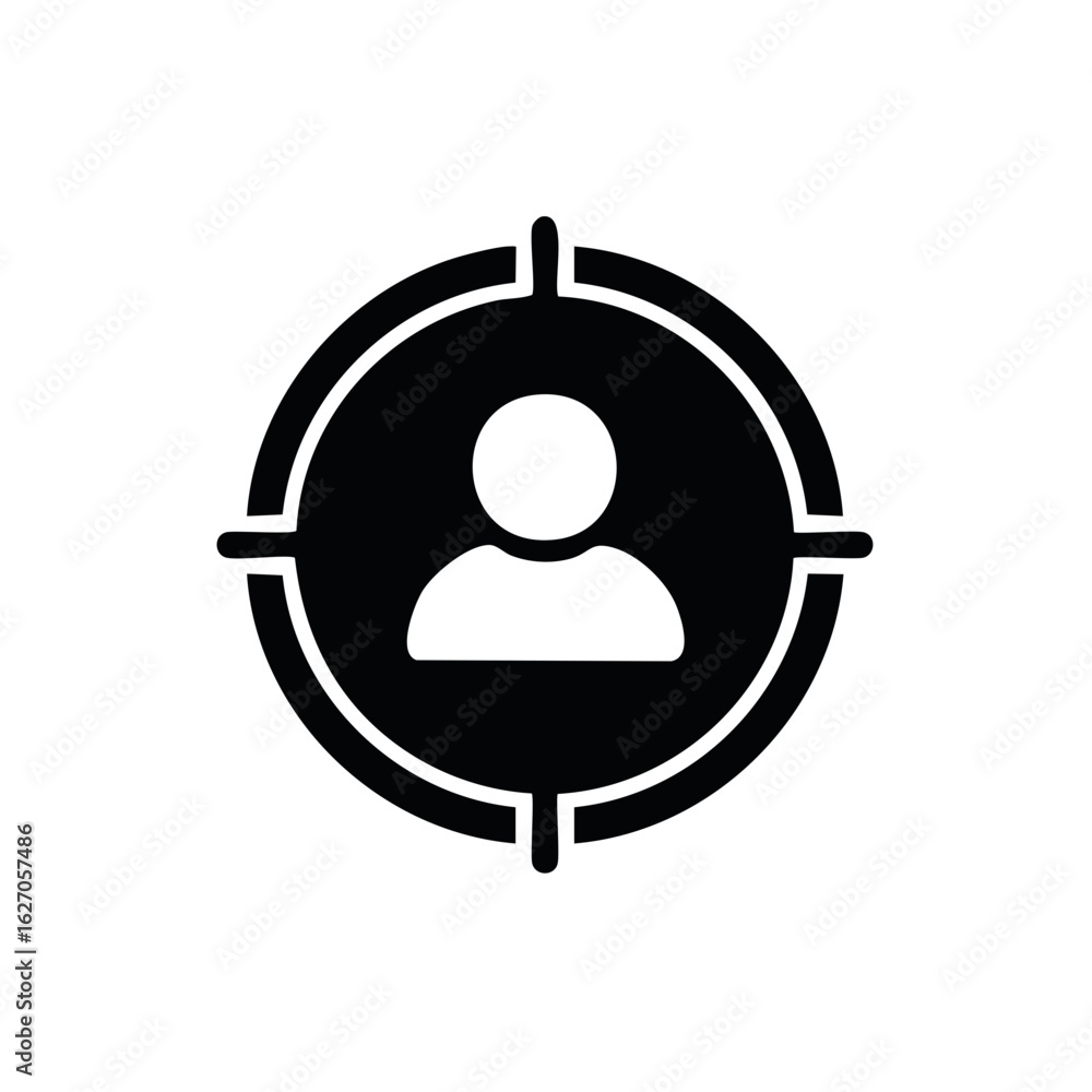 Poster black icon of a person within a target scope representing user focus and audience aiming