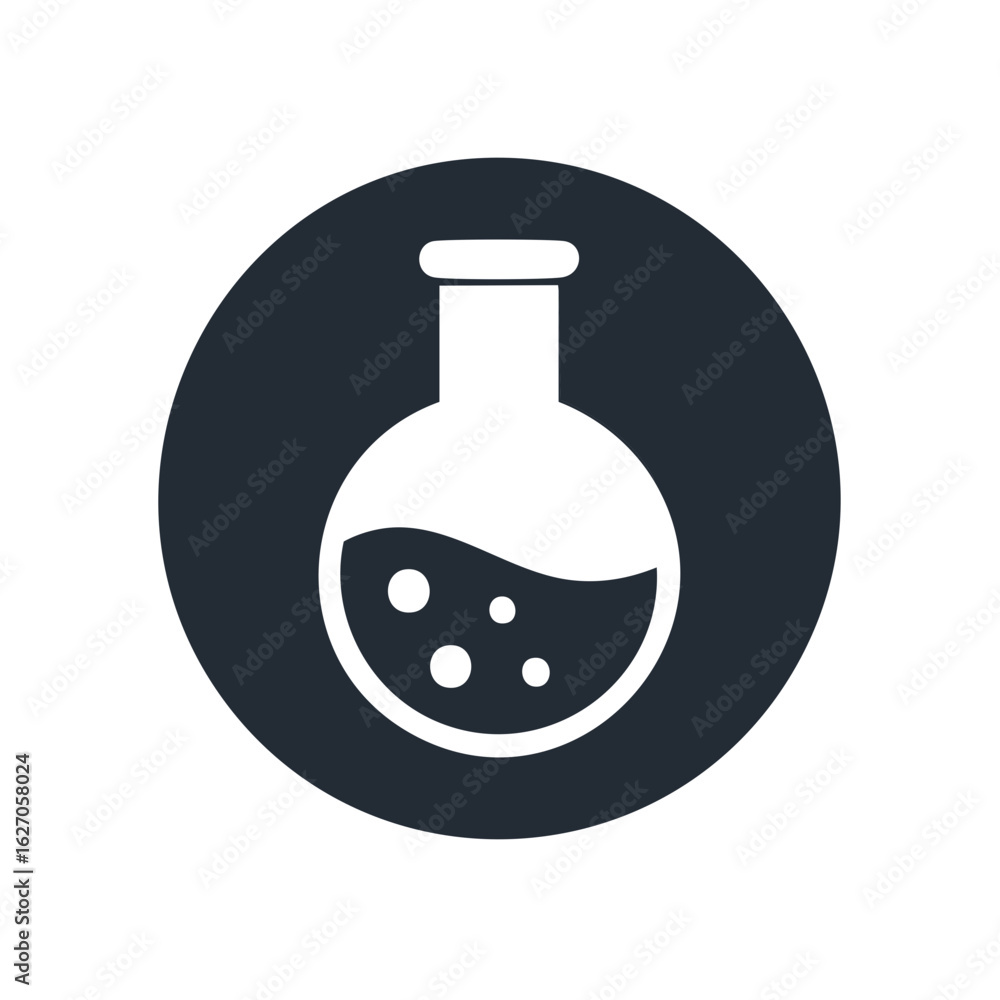 Poster chemical reaction in a laboratory flask with bubbling liquid and circular frame