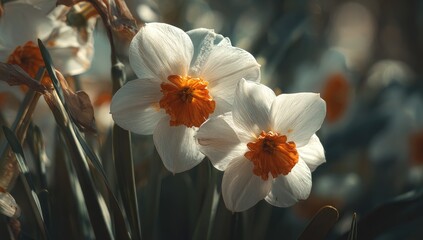 Close-up of two white daffodils with orange centers, surrounded by other blooms and foliage