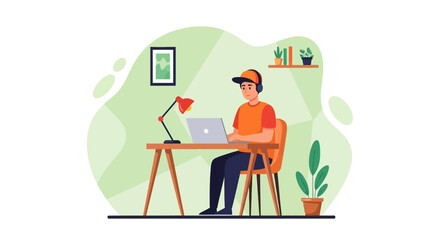 A focused young man with headphones and a cap works diligently on his laptop at a wooden desk, embodying productivity in a modern home office.