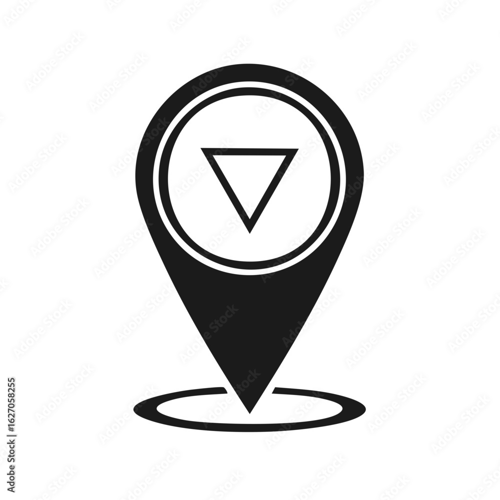 Poster black and white vector graphic of a map marker with a downward pointing triangle symbol inside