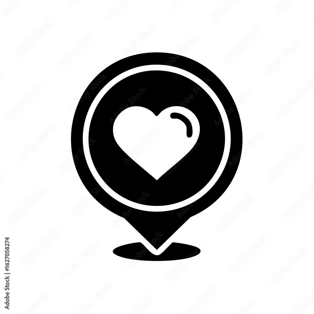 Poster love heart icon in map pointer shape representing relationship location and romantic spot find