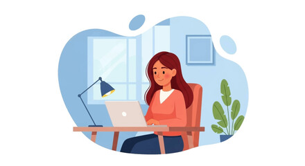 A focused young woman works on her laptop at a home office desk, embodying the modern freelance lifestyle and efficient remote work setup.