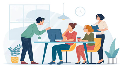 Diverse business colleagues engage in a productive office meeting, collaborating on a project with a manager overseeing their progress in a modern workspace.