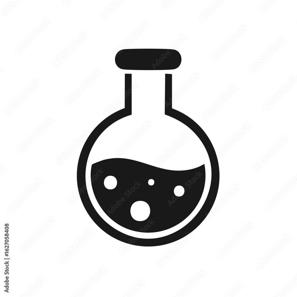 Poster black icon of a round bottom flask with dark liquid and bubbles, simple clean vector