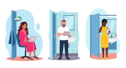 Diverse individuals engage with modern digital technology, utilizing laptops and tablets within various personal and private settings, highlighting contemporary connectivity.