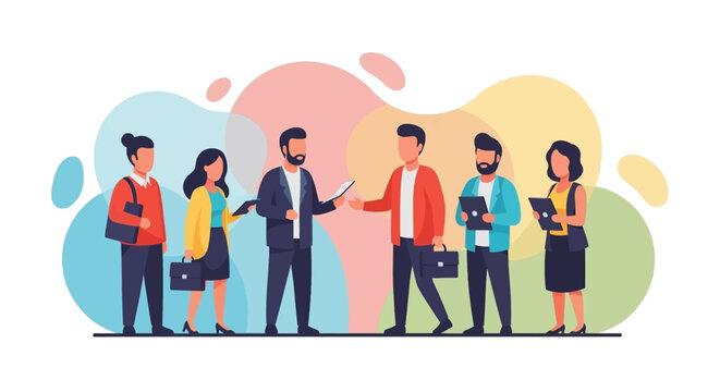 A diverse group of professionals engages in a collaborative business meeting, fostering teamwork and effective communication against a vibrant abstract background.