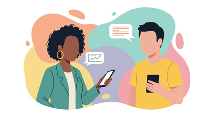 Diverse individuals engage in a digital conversation, exchanging information and ideas through their mobile phones, set against a vibrant abstract background.