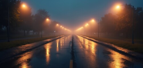 Fototapeta premium Rainy night road with glowing streetlights reflecting on wet asphalt. Foggy conditions obscure distance, creating puddles, moody atmosphere. Ideal for themes of travel, solitude, or urban nightscapes.
