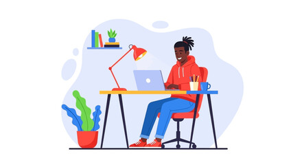 A vibrant vector illustration depicts a focused person with dreadlocks typing on a laptop at a contemporary desk in a cozy workspace.