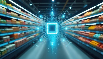 Smart retail technology in modern grocery store enhances customer interaction, efficiency, sales. Digital innovation streamlines operations, improves consumer experience with data integration, AI.