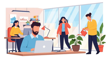 Diverse professionals collaborate and work efficiently in a modern, bright office environment, fostering productivity and well-being.