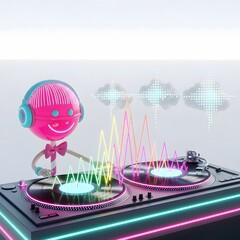 Fototapeta premium A whimsical DJ character composed of candy elements mixing music on turntables generating colorful sound waves against a soft blurred background.