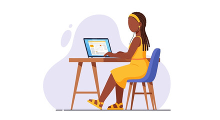A focused young Black woman with long braids diligently works on her laptop at a wooden desk, embodying remote productivity and digital connectivity.