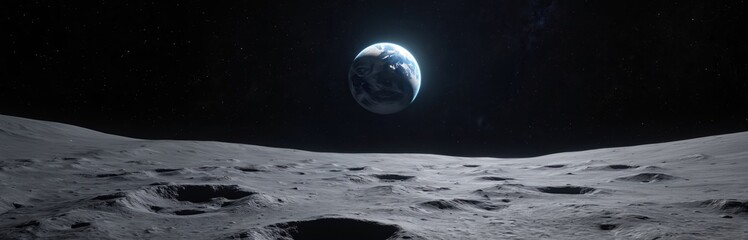 Earth rises above moon surface in vast starry space. Tranquil celestial scene shows planet glowing against dark universe backdrop. Lunar landscape, craters, distant starlight create calm observation.