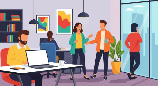 Diverse professionals collaborate and engage in a vibrant, contemporary open-plan office space, fostering productivity and teamwork.