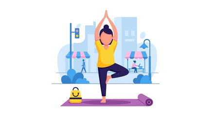 A woman practices yoga outdoors in a serene urban park, finding balance and tranquility amidst the city's vibrant energy and modern lifestyle.