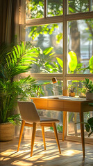 Simple home scene postmodern minimalism wooden desk green plants natural lighting minimalist style highend texture bright natural sunlight shining through the glas